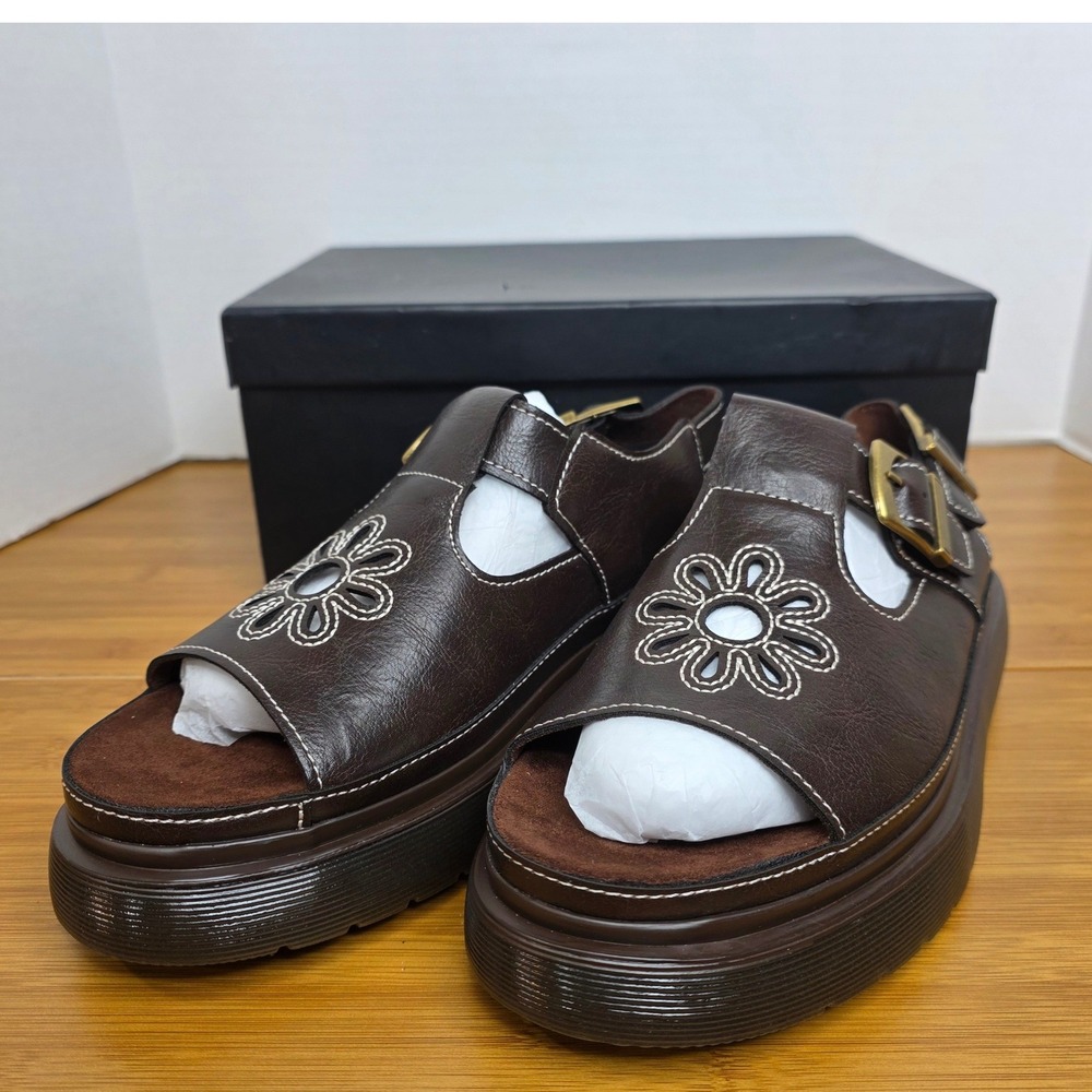Brown Daisy Platform Sandals Chunky Lug Sole Double Buckle Retro J168-10 Size 10